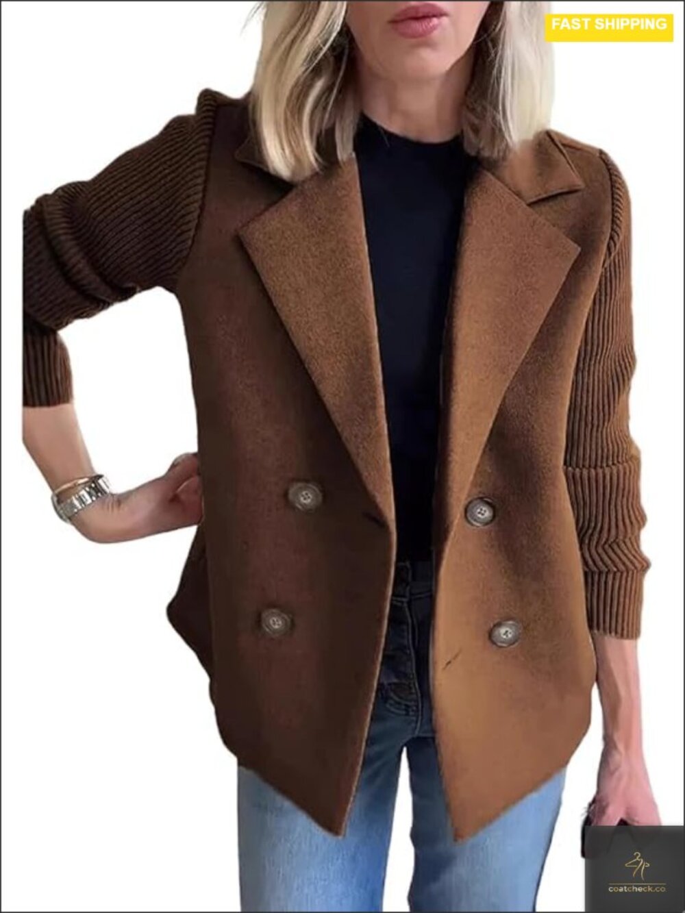Cropped Wool Blend Coat Double Breasted Notch Lapel Blazer